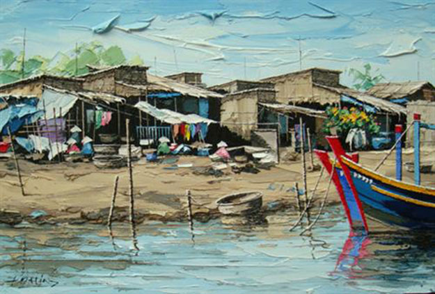 Fishing village at noon -Original Vietnamese Art Gallery