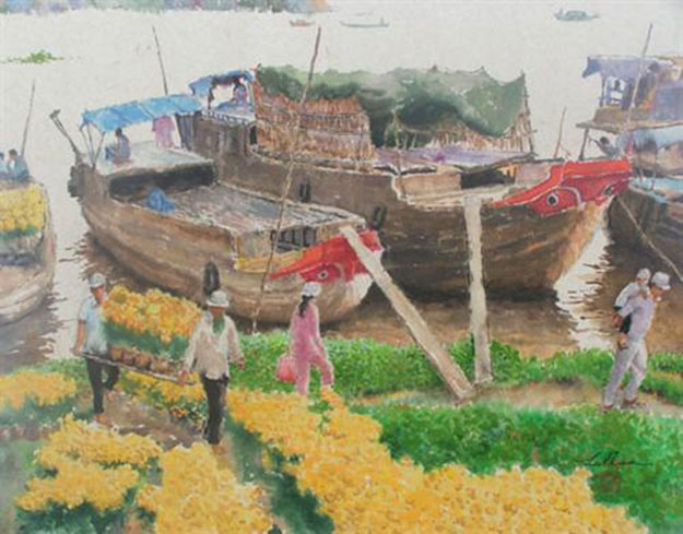 Flower market by river-Original Asian Art