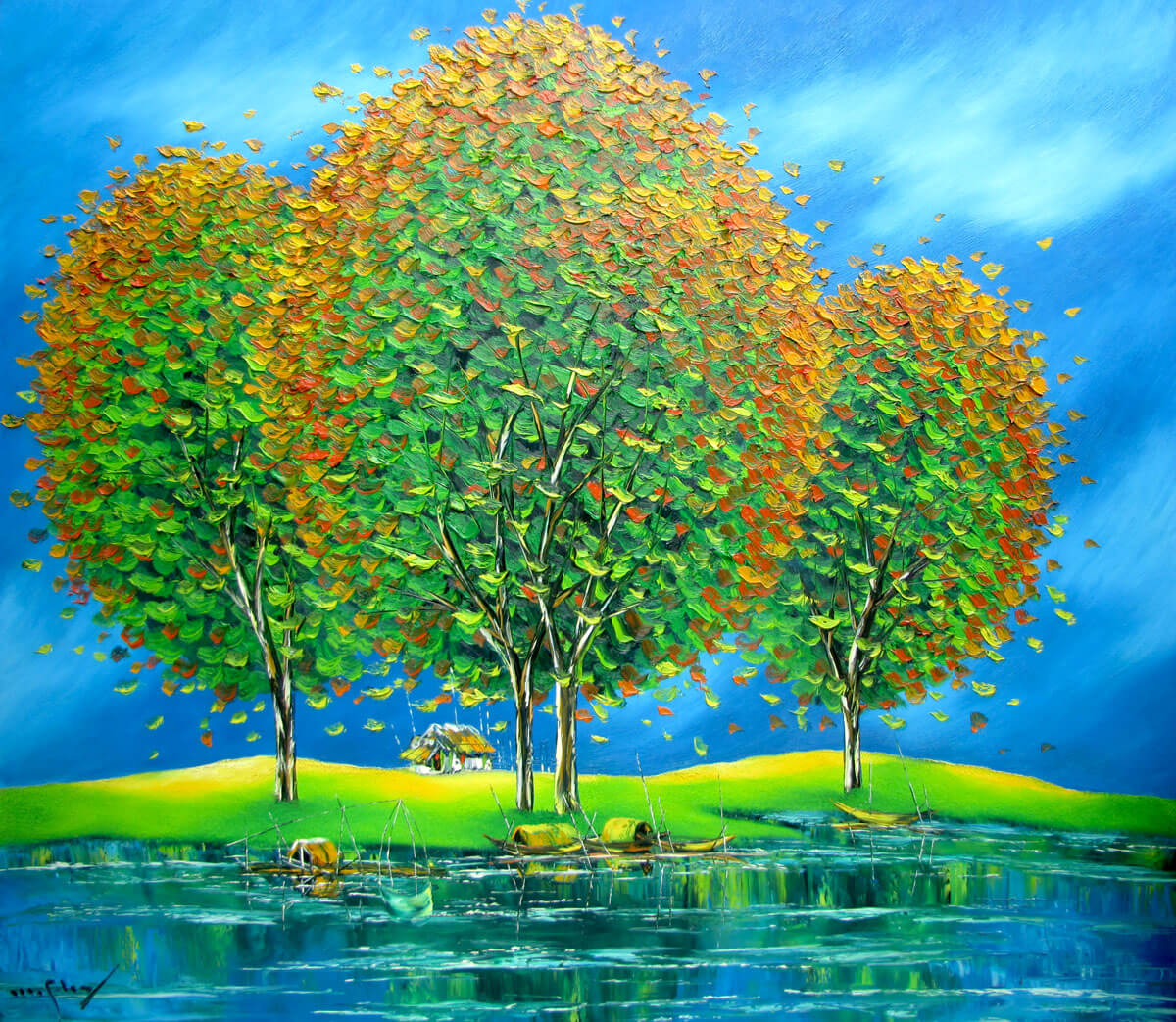 Green trees by the river-Original Asian Art