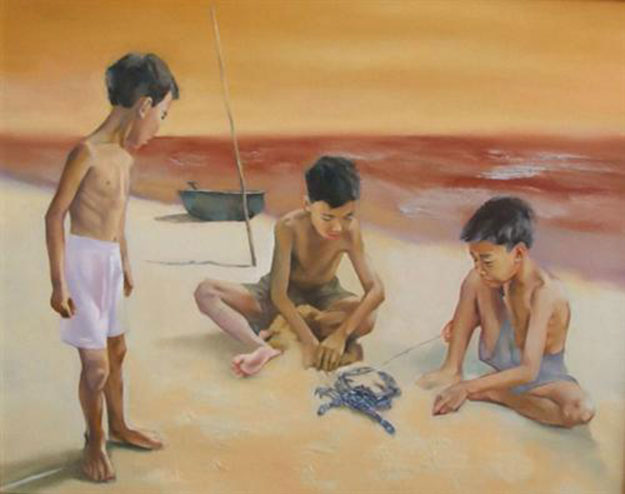 Kids playing with blue crab on the beach-Original Vietnamese Art Gallery