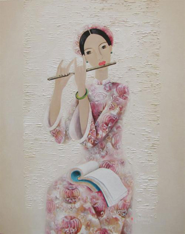Lady plays flute-Original Asian Art