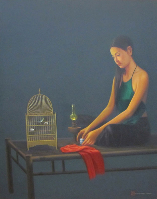 Lady with birdcage-Vietnamese Painting