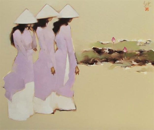 Schoolgirls with lotus 01-Original Vietnamese Art