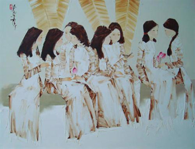 Schoolgirls with lotus flowers -Original Asian Art