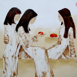 Schoolgirls with red apples-80x95