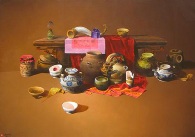 Still-life with antique pots 04-Original Vietnamese Art