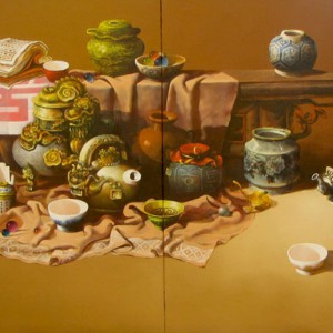 Still-life with antique pots & cups 03 -Original Vietnamese Art