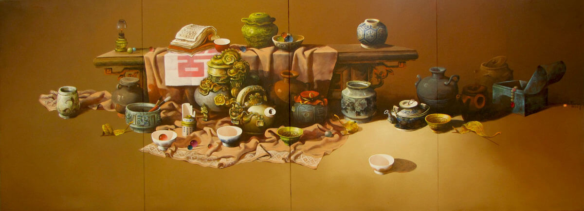 Still-life with antique pots & cups 03 -Original Vietnamese Art