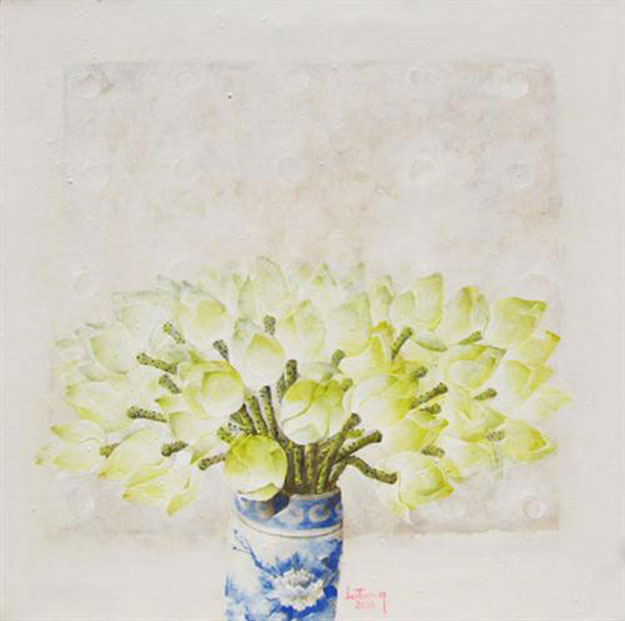 Still-life with vase of lotus flowers-Original Vietnamese Art