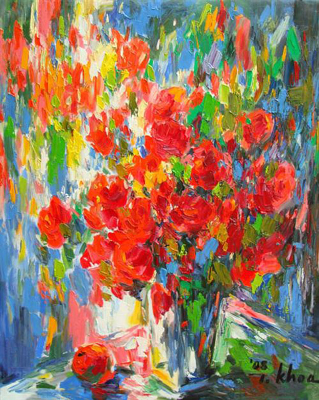 Vase of flowers and fruit 01-TK - Oil on Canvas painting by Vietnamese Artist Trinh Khoa