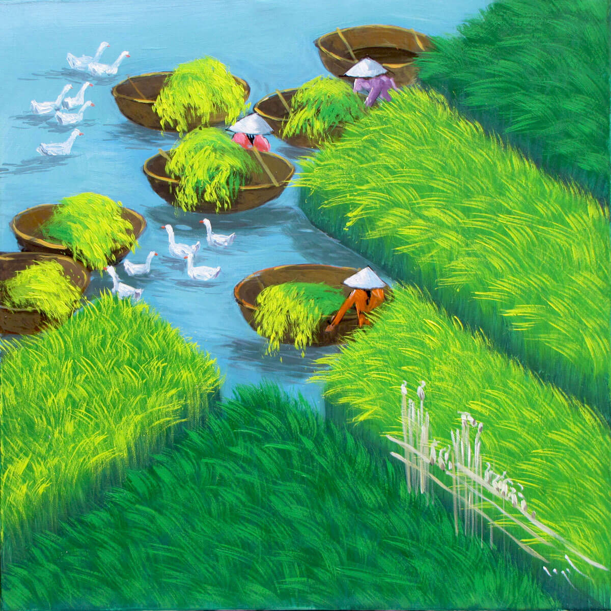 Early morning on the rice field 01-Vietnamese Painting