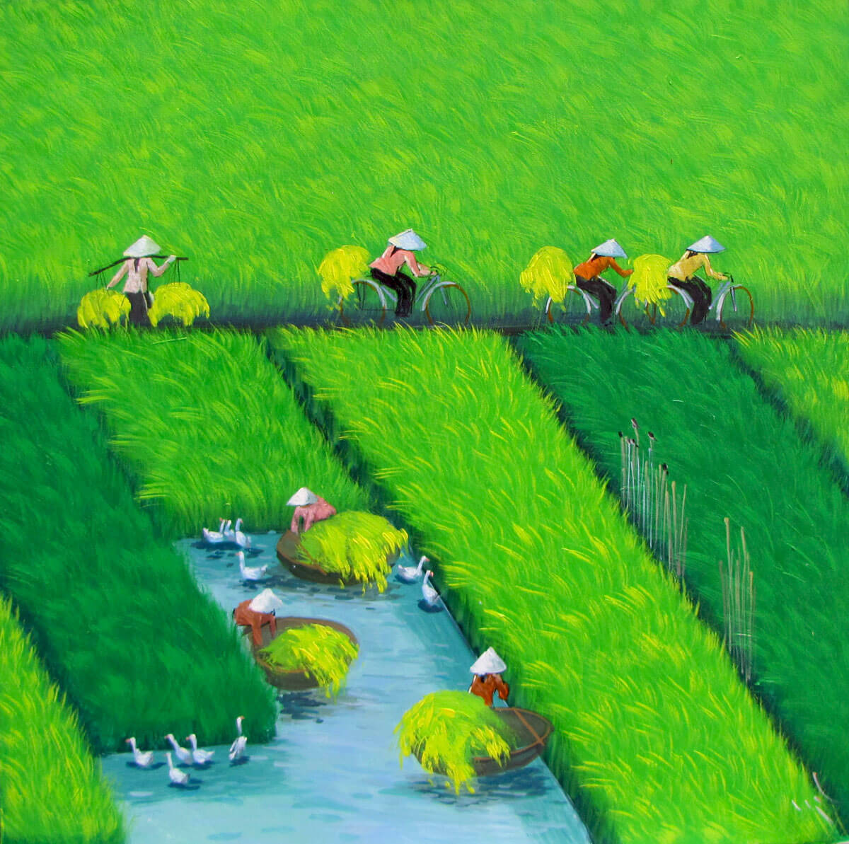 Early morning on the rice field 02-Vietnamese Painting