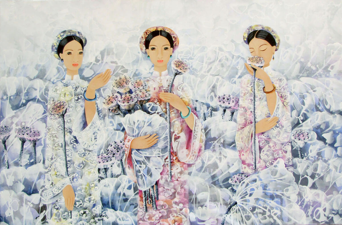 Ladies with lotus flowers-Original Asian Art