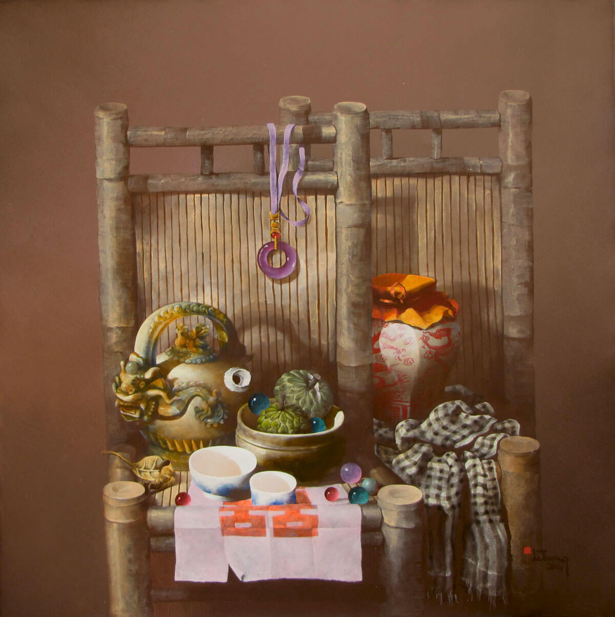 Still-life with fruits and antique pots 03-Original Vietnamese Art