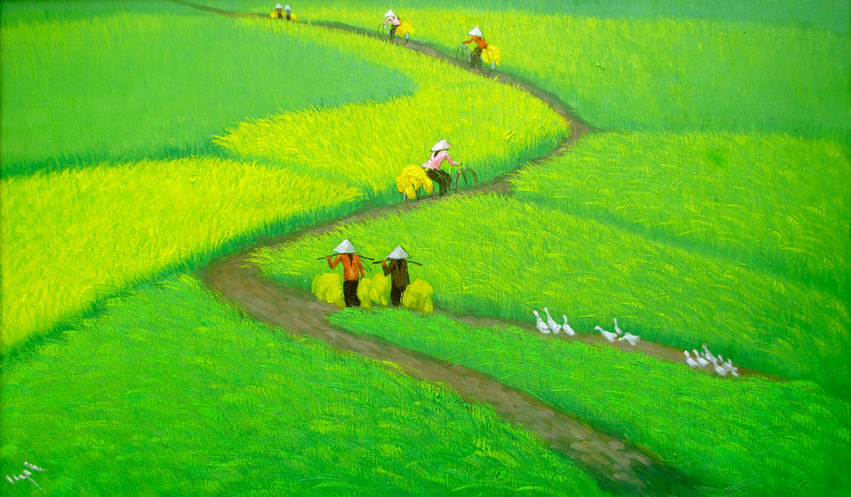 Golden sun on the rice field 01-Vietnamese Painting