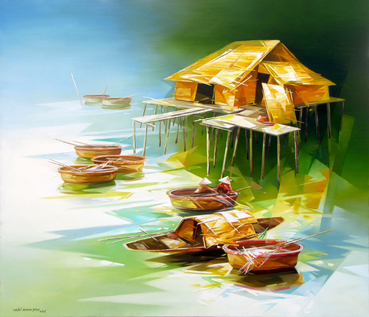 Vietnamese Art-Fishing Village, an Oil Painting on Canvas