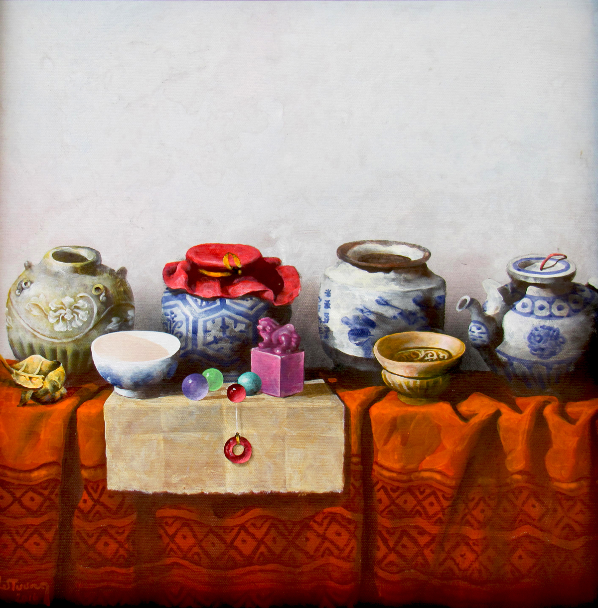 Vietnamese Art-Still Life with Antique Pots, an Oil Painting on Canvas