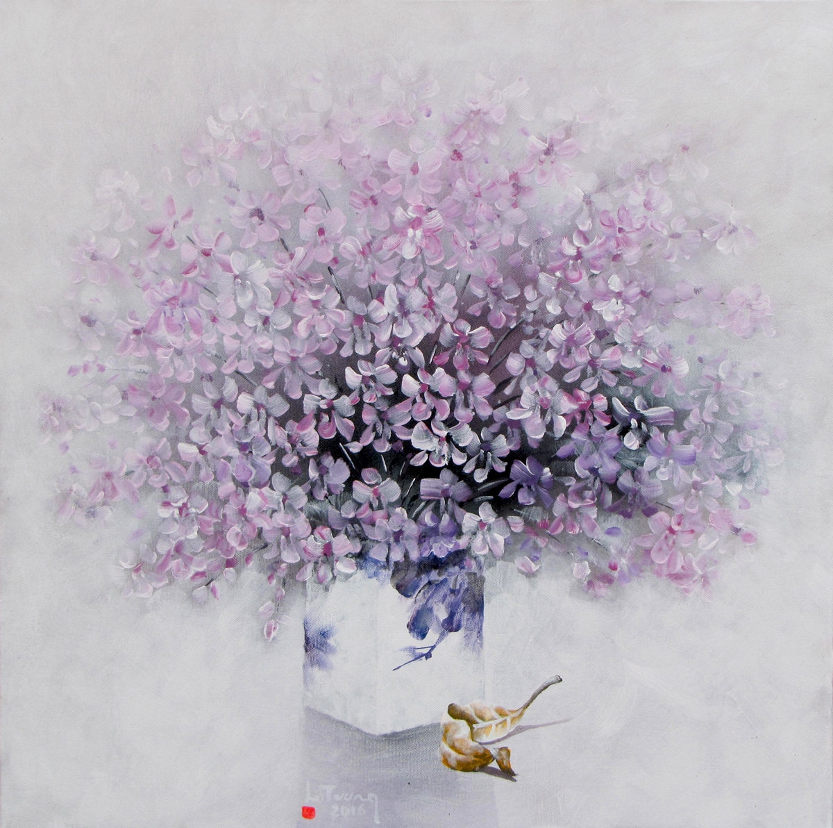 Vietnamese Art-Vase of Purple Flowers, an Oil Painting on Canvas
