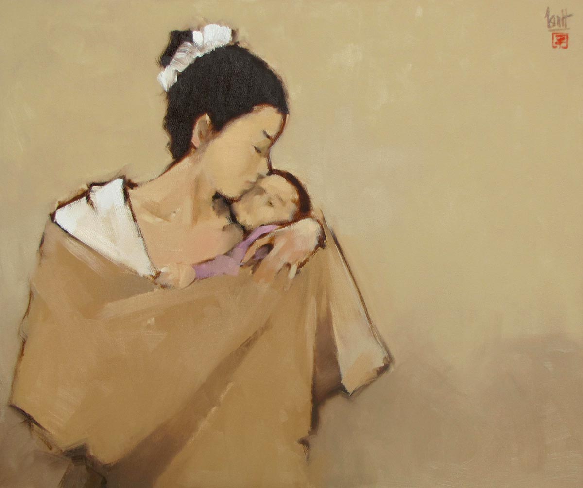 Vietnamese Art-Mother with her Child, an Oil Painting on Canvas