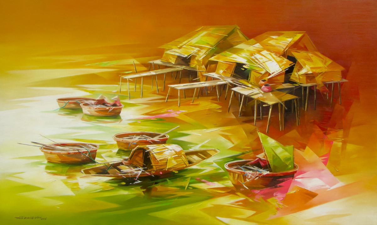 Vietnamese Art-Fishing Village 03, an Oil Painting on Canvas