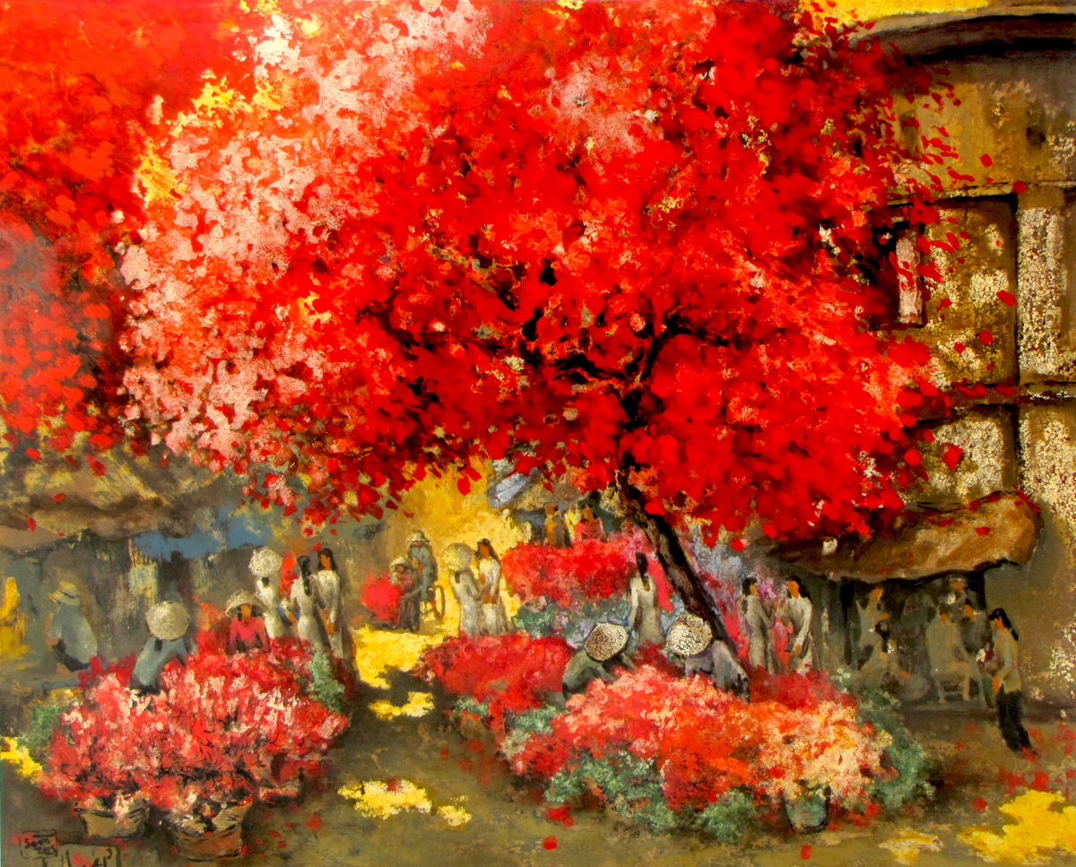 Vietnamese Art-Flower Market, a Lacquer Painting on Wood