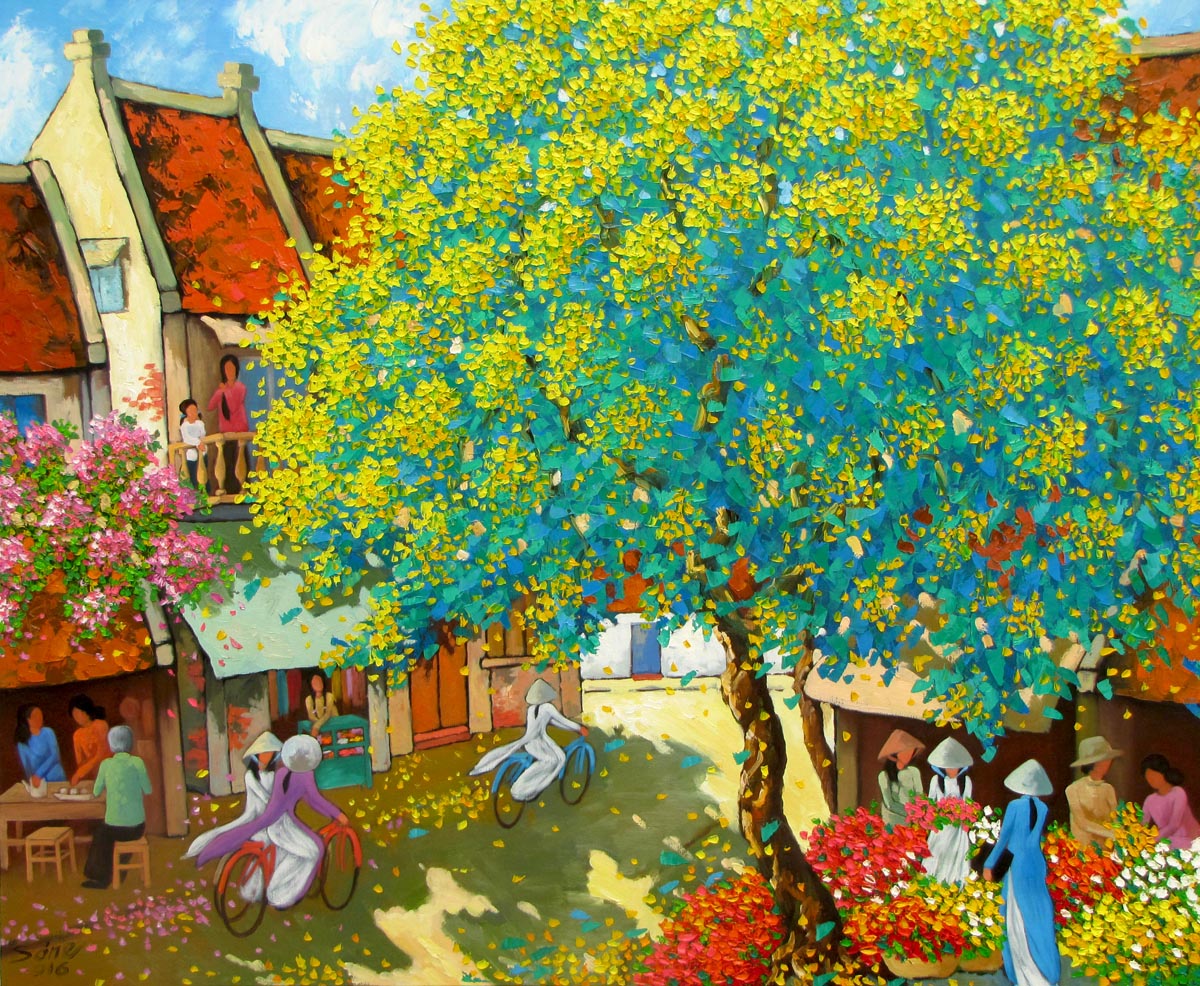 Vietnamese Art-Street corner in Spring, an Oil Painting on Canvas