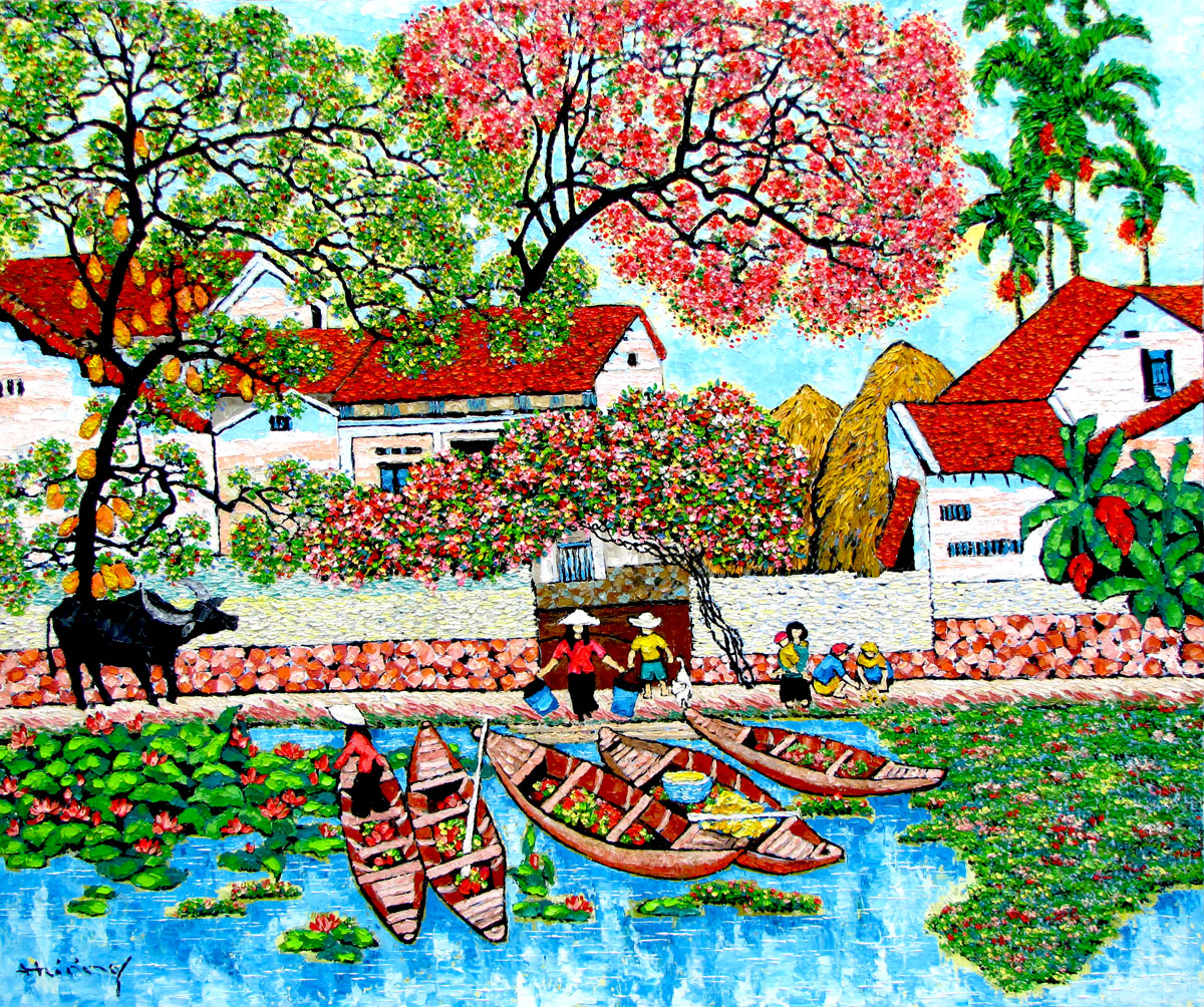 Small village by the river -100x120