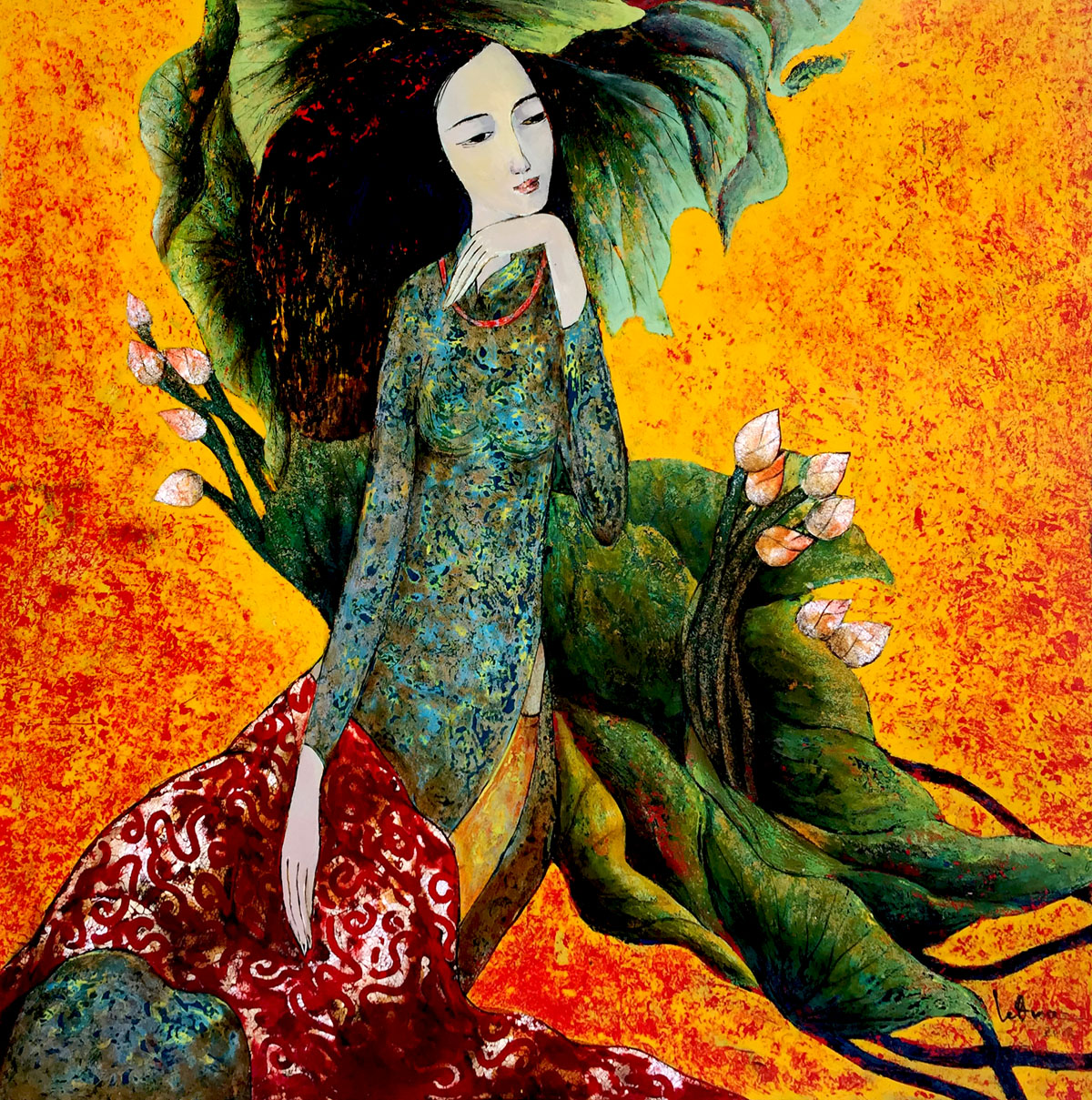 Lady with Lotus 01-80x80cm